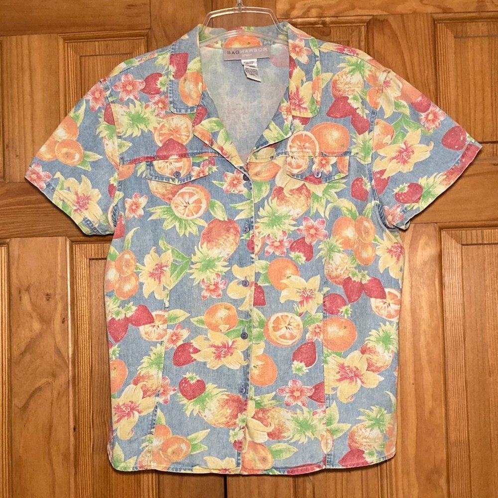 EUC Sag Harbor Sport Vintage 90s Top Short Sleeve Denim Blouse Blue Orange L